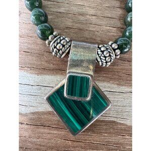 Vintage Green Beaded Necklace With Malachite Pendant & Silver Accents